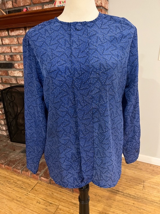 Oscar de la Renta Tops - Oscar de la Renta Navy Blue Long-Sleeve Dot-Print Blouse